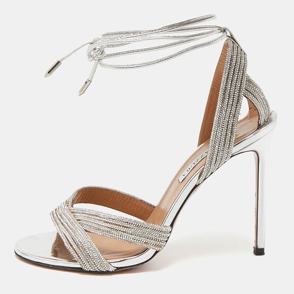 Aquazzura Silver Leather Crystal Embellished Ari Ankle Wrap Sandals Size 39